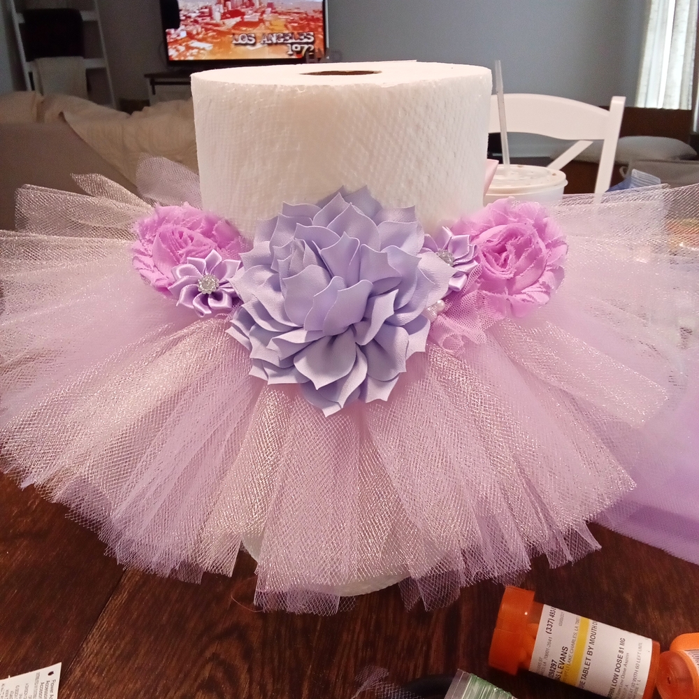 Lavender Tulle Toilet Paper Cover with Flowers